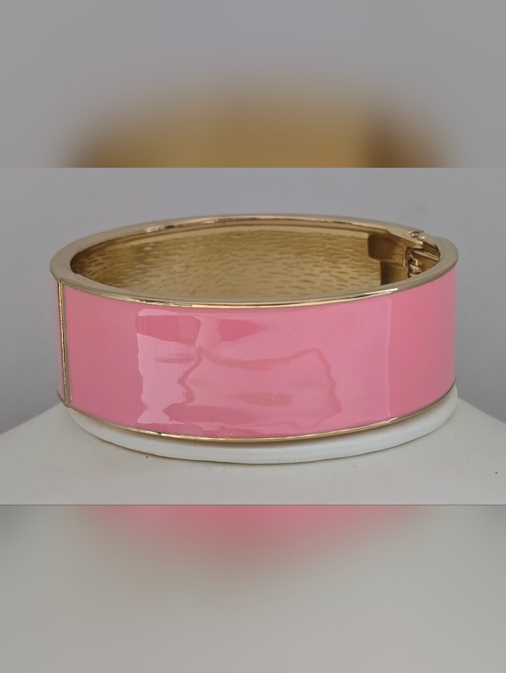 Gold-Tone Pink Enamel Hinged Bangle Bracelet